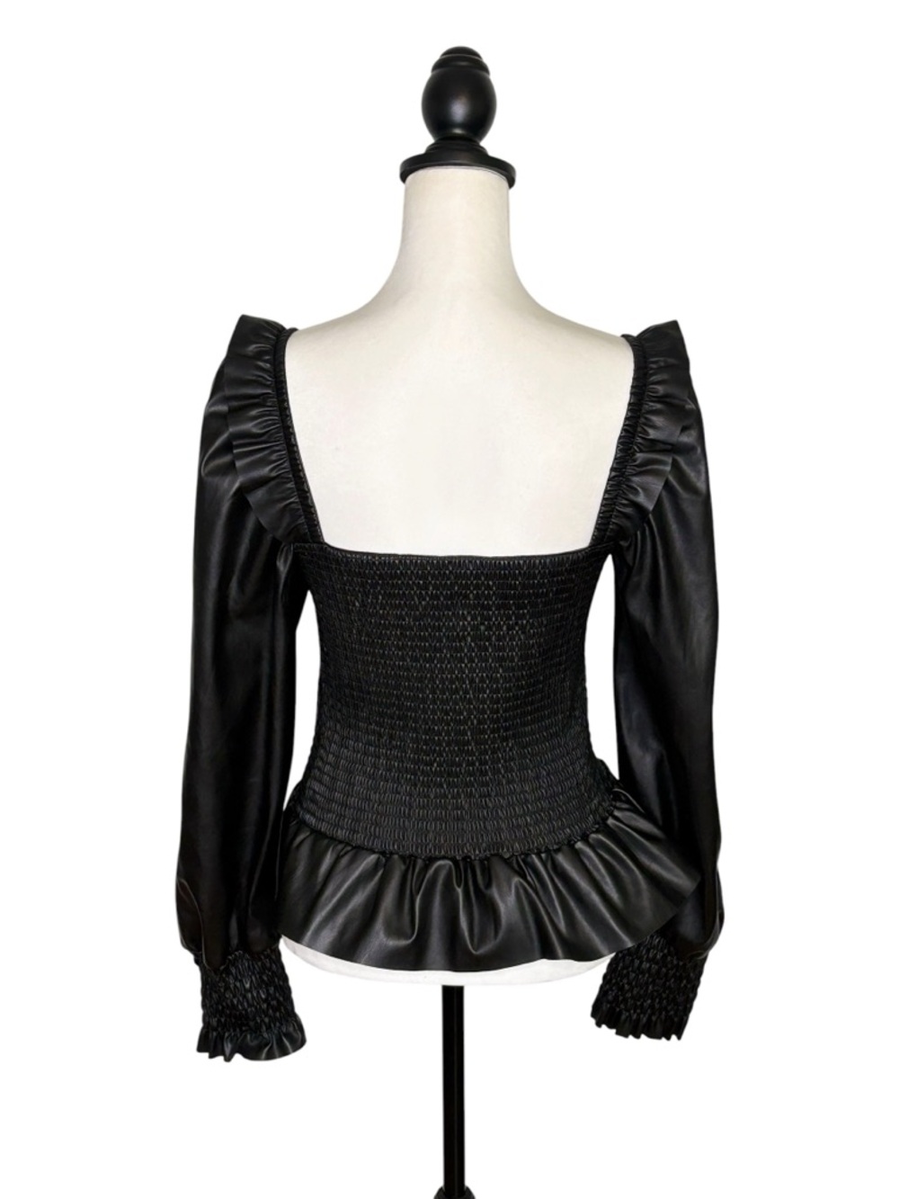 7 FOR ALL MANKIND Faux Leather Smocked Peplum Top • Size M • Black - Picture 5 of 10